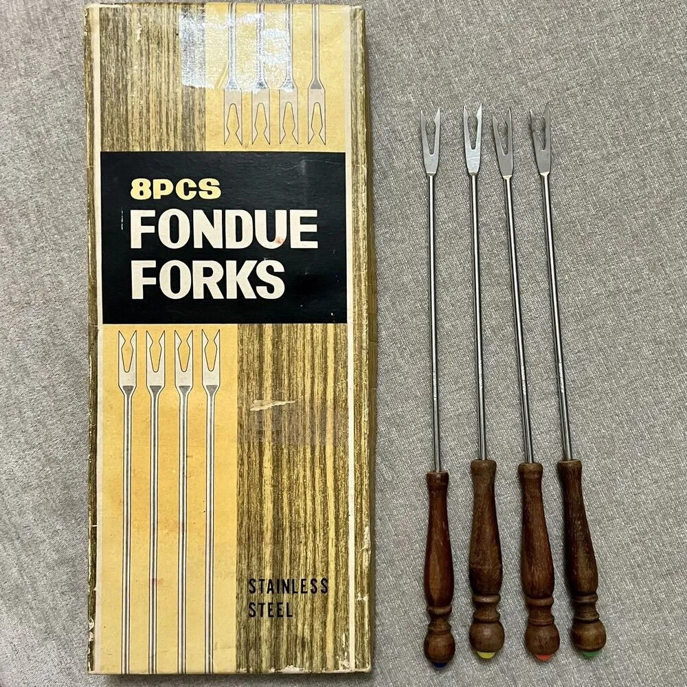 VTG MCM Teak Handle Stainless Fondue Forks Original Box 11 Pcs Made In Japan EXC